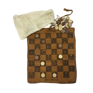 Toys & Games Pirate 9-1/2″ Pirate and Buccaneers Flag Checkers burnt into the leather. Checkers wood and packaged in a muslin bag. Then rolled and tied with a leather strap.
