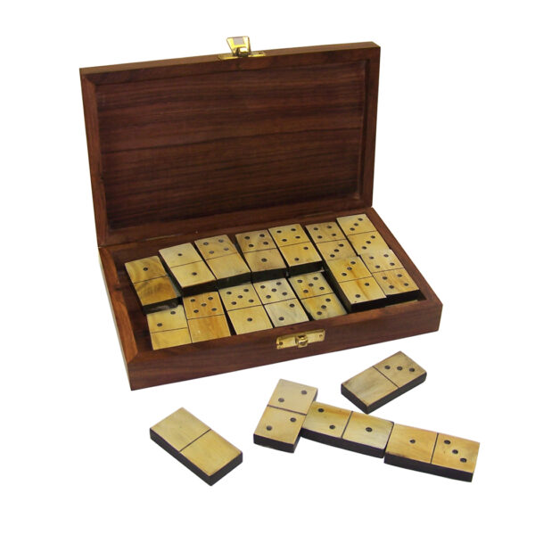 Games Early American Ox Horn Domino Set in 8″ Wooden Storage Box- Antique Vintage Style