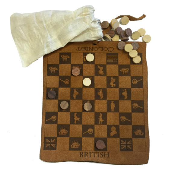 Games Early American 9-1/2″ Colonial/British Checkers burnt into the leather. Checkers are wood and packaged in a muslin bag. Then rolled and tied with a leather strap.