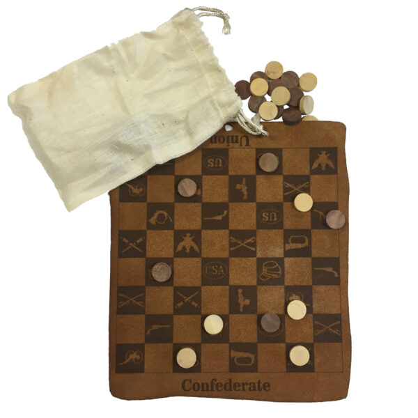 Games Civil War 8-1/2 X 9-1/2 Union and Confederate Checkers burnt into the leather. Checkers are wood and packaged in a muslin bag. Then rolled and tied with a leather strap.