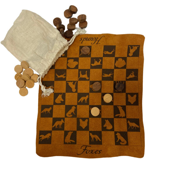 Games Equestrian 9-1/2 FOX AND HOUNDS Checkers burnt into the leather. Checkers are wood and packaged in a muslin bag. Then rolled and tied with a leather strap.