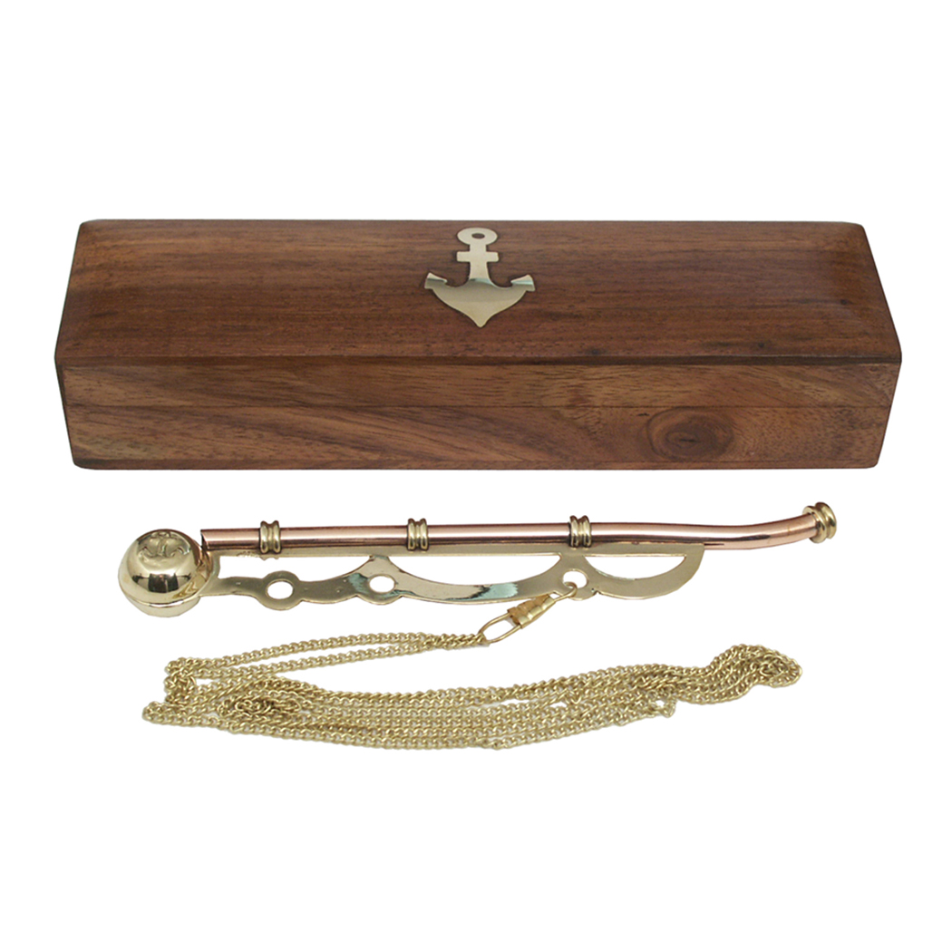 Nautical Boatswain Pipe Bosun Whistle w/ Chain Maritime Call Brass In Wood Box 