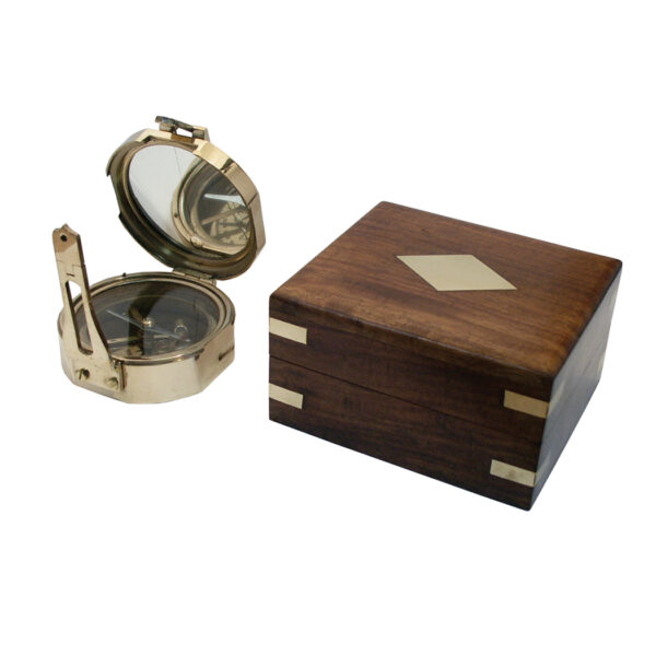 Nautical Instruments Nautical 3″ Solid Polished Brass Brunton-style Compass Antique Reproduction in Wooden Storage Box with Inlaid Brass Accents