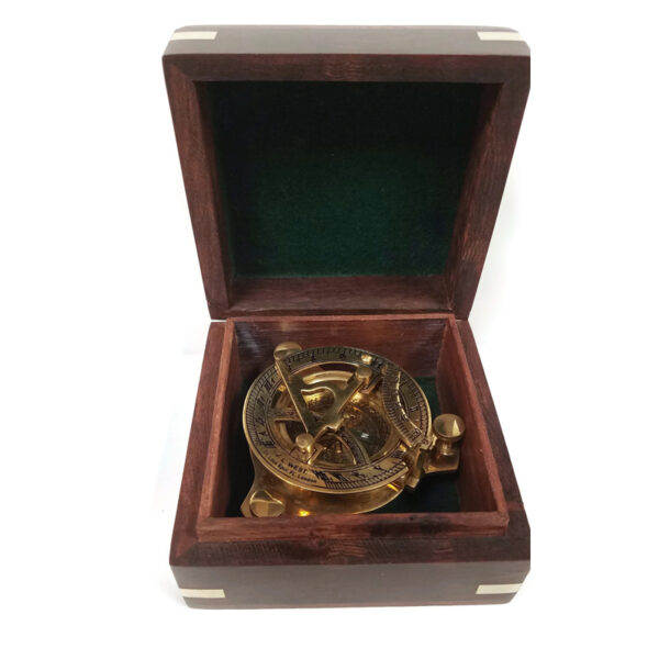 Compasses Nautical 3″ Antique Sundial Polished Brass Compass in Solid Dual Wood Box with Brass Inlaid Accents