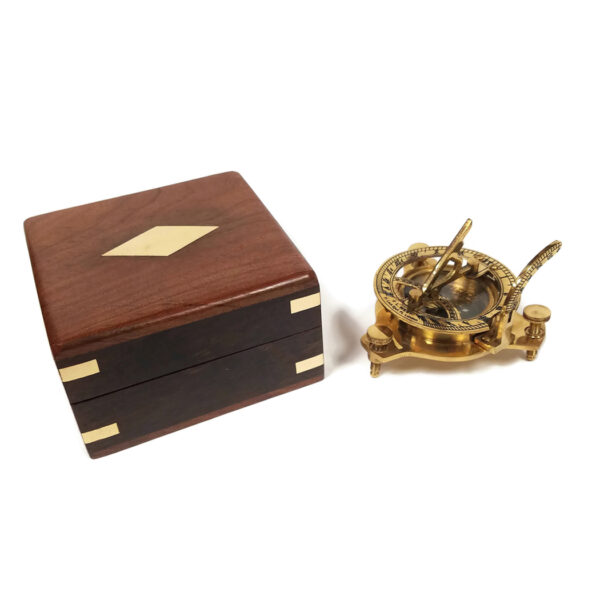 Nautical Instruments Nautical 3″ Antique Sundial Polished Brass Compass in Solid Dual Wood Box with Brass Inlaid Accents