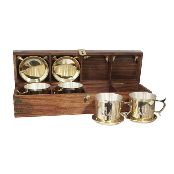 Nautical Decor & Souvenirs Nautical Set of 4 Nautical Silver-Plated Brass Rum Cups  and  Saucers with Wooden Display Box – Antique Vintage Style