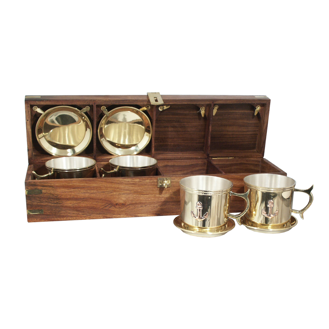 Solid Brass Wooden Maritime Nautical Liquor Shot Glasses Set Wood Box w/ Latch