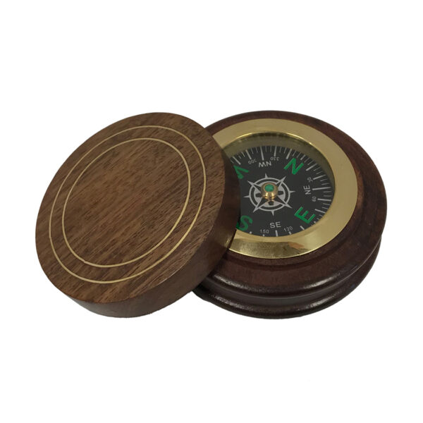 Compasses Nautical 3″ Polished Solid Brass Compass in Round Wood Compass Box with Decorative Brass Inlay- Antique Vintage Style
