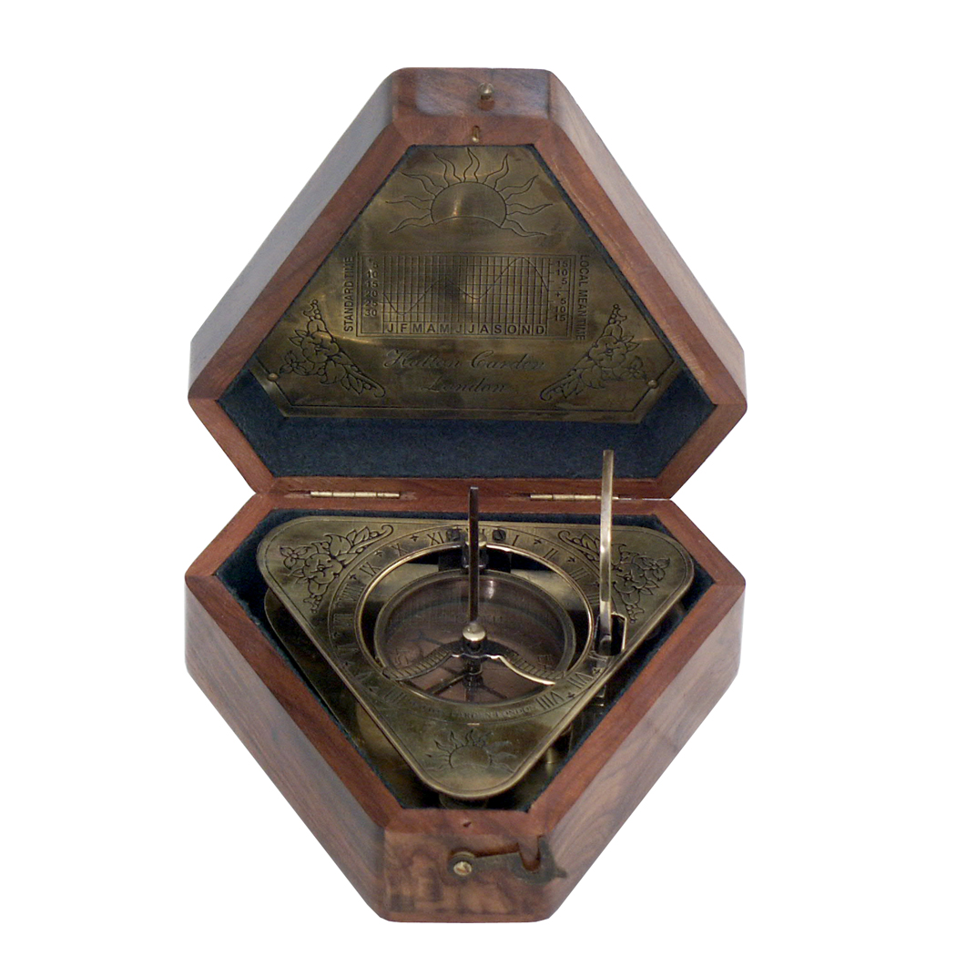 Nautical Vintage Antique Brass Hiking Sundial Compass Rosewood With Wooden Box 