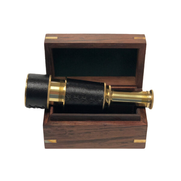 Nautical Instruments Nautical Nautical Brass Leather-Wrapped Pocket Telescope with Wood Display Box- Antique Vintage Style