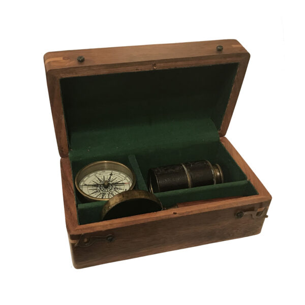 Nautical Decor & Souvenirs Nautical Old World Maritime Navigation Replica Set with Travel Telescope –  Compass –  Magnifying Glass in 6-1/2″ Rosewood Storage Box – Antique Reproduction