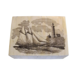 Scrimshaw/Horn & Bone Boxes Nautical 6-1/4″ Schooner America Sailing Past Lighthouse Scrimshaw Bone Box – Antique Reproduction