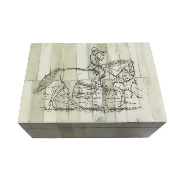 Scrimshaw Boxes Equestrian 6-1/4″ Horse and Mounted Rider Sounding a Horn Scrimshaw Bone Box Antique Reproduction