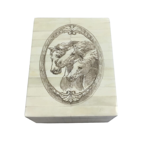 Scrimshaw Boxes Equestrian 6-1/4″ Three Horse Heads Etched Equestrian Scrimshaw Bone Box – Antique Vintage Style