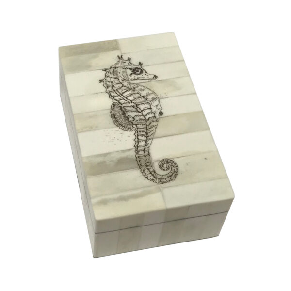 Scrimshaw/Horn & Bone Boxes Nautical 5-1/4″ Engraved Seahorse Scrimshaw Bone Box- Antique Vintage Style