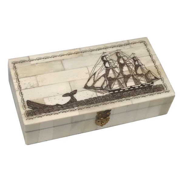 Scrimshaw Boxes Nautical 6-1/4″ Engraved Whale Chase Scrimshaw Bone Box Antique Reproduction