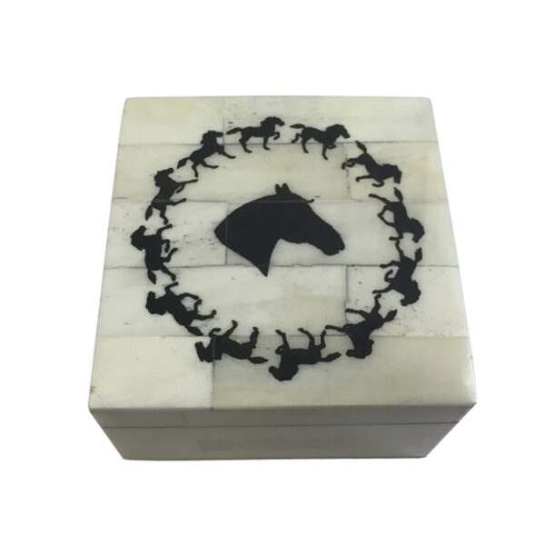 Bone Boxes Equestrian 3-1/4″ Horses in the Round Printed Bone Box Antique Reproduction with Lift-Off Lid