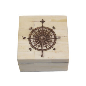 Scrimshaw/Horn & Bone Boxes Nautical 3-1/4″ Etched Compass Rose Vintage Scrimshaw Bone Box Antique Reproduction with Lift-Off Lid