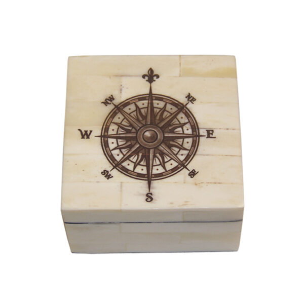 Scrimshaw Boxes Nautical 3-1/4″ Etched Compass Rose Vintage Scrimshaw Bone Box Antique Reproduction with Lift-Off Lid