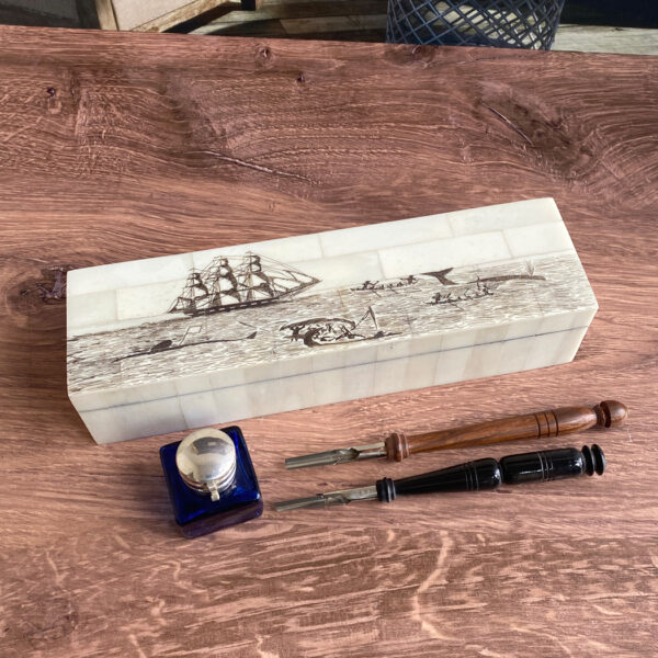 Writing Boxes & Travel Trunks Writing 10″ Engraved Bone Pen Box with Cobalt Inkwell, Wood Nib Pen, Black Horn Nib Pen and Ink Powder