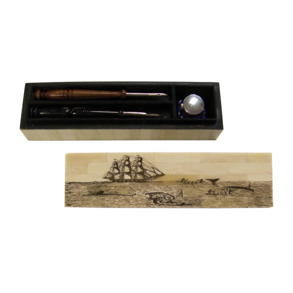 Writing Boxes & Travel Trunks Nautical 10″ Whaling Bone Pen Box with Cobalt Inkwell –  Wood Nib Pen –  Black Horn Nib Pen and Ink Powder – Antique Vintage Style