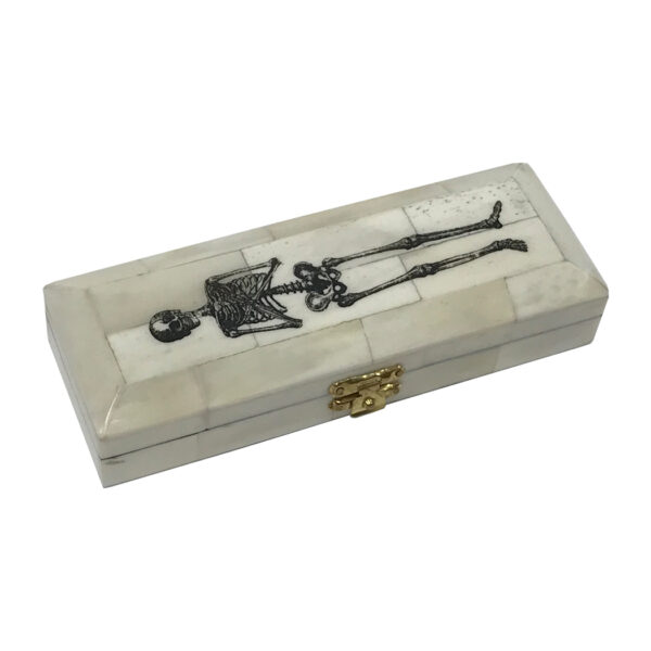 Scrimshaw/Horn & Bone Boxes Halloween 6-1/2″ Skeleton-on-Coffin Black Engraved Scrimshaw Ox Bone Postage Stamp Box Antique Reproduction