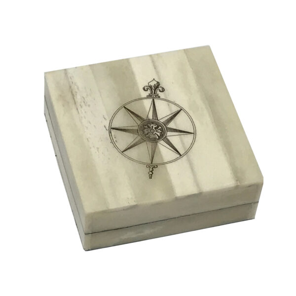Scrimshaw/Horn & Bone Boxes Nautical Engraved Compass Rose Vintage Scrimshaw Bone Compass Box with Inlaid Brass Compass- Antique Reproduction –  3″ x 3″ x 1-1/8″