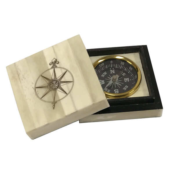 Scrimshaw Boxes Engraved Compass Rose Vintage Scrimshaw Bone Compass Box with Inlaid Brass Compass- Antique Reproduction –  3″ x 3″ x 1-1/8″