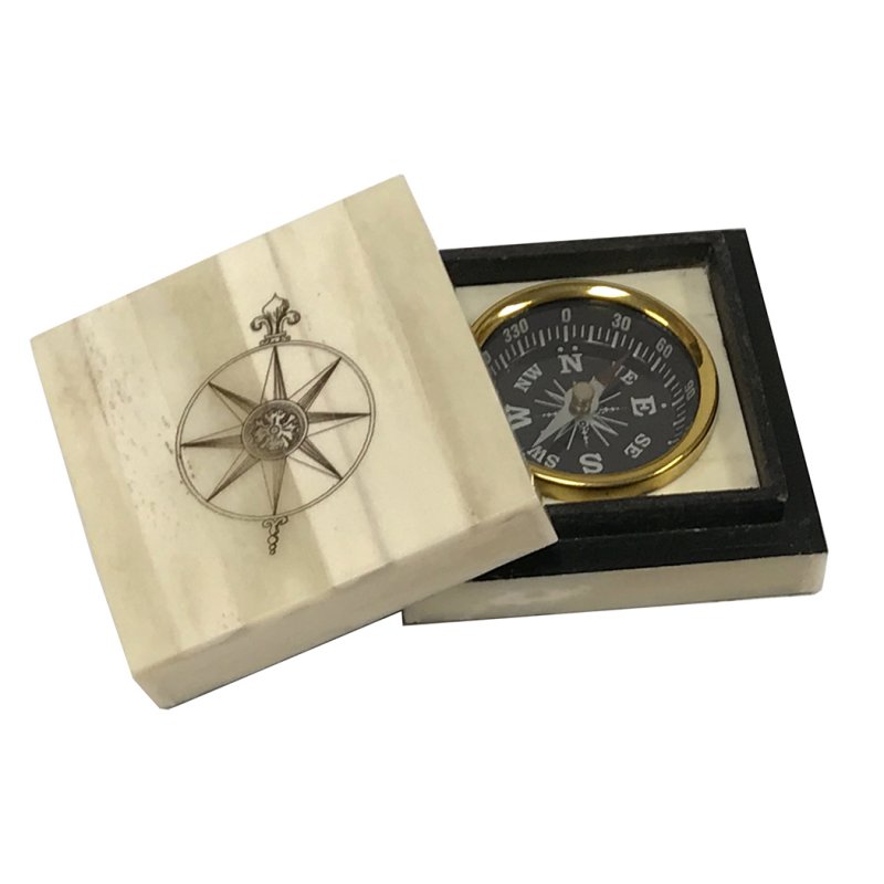 Engraved Compass Rose Vintage Scrimshaw Bone Compass Box with Inlaid