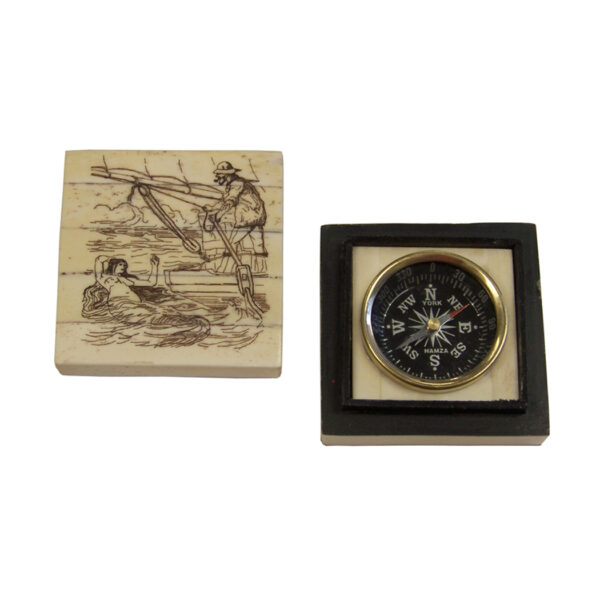Scrimshaw Boxes Nautical 3″ Mermaid Temptation Mermaid and Sailor Scrimshaw Ox Bone Compass Box with Inlaid Brass Compass –  Antique Reproduction