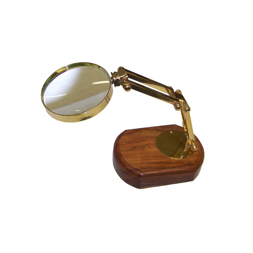 Vintage Brass Magnifying Glass Magnifier Desk Top Table Top Wooden Stand Antique