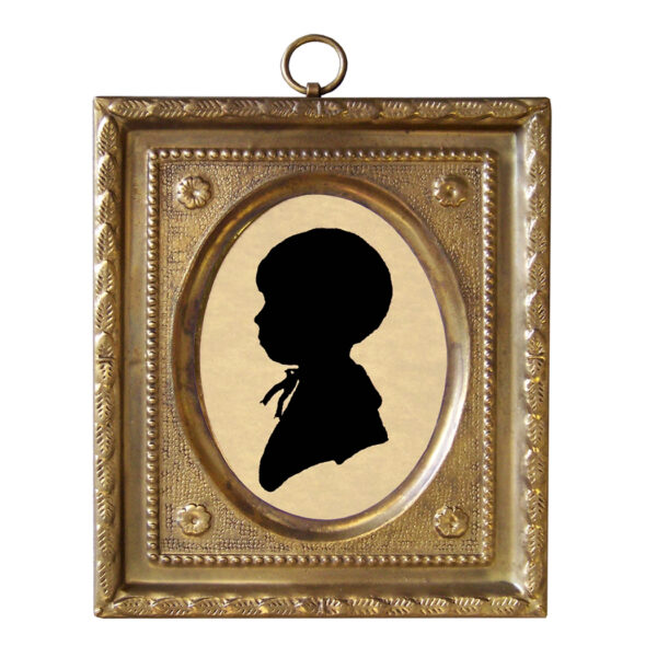 Portrait Early American 4-1/2″ Miniature Silhouette of Boy by Peale in Embossed Brass Frame- Antique Vintage Style