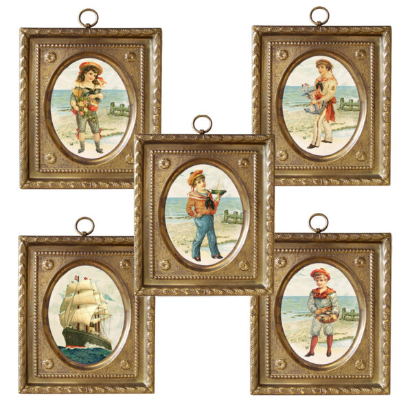 Home Decor Nautical 4-1/2″ Nautical Victorian Prints (Set of 5) in Embossed Brass Frames- Antique Vintage Style