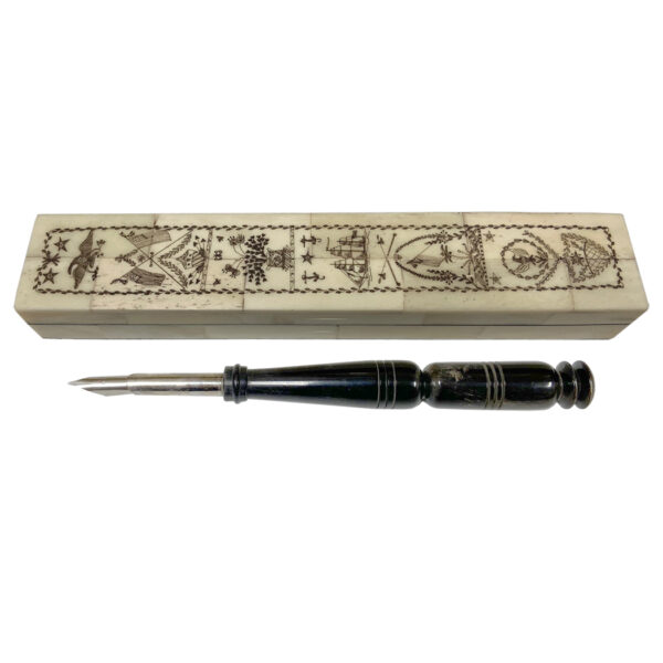 Writing Boxes Nautical 8-1/4 “Americana” Scrimshaw Pen Box comes with Turned Horn Nib Pen.