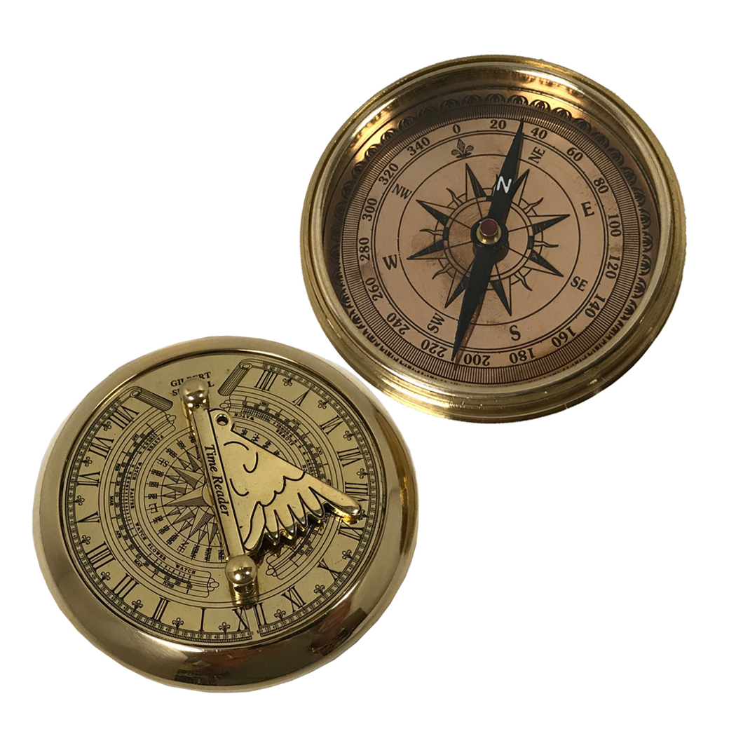 3" Solid Polished Brass Pocket Sundial Compass Antique Reproduction