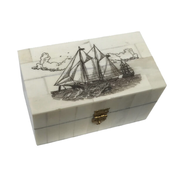 Scrimshaw/Horn & Bone Boxes Nautical 3″ Polished Brass Leather-Wrapped Antique Pocket 5X Telescope Reproduction and Engraved 4-3/4″ Schooner Ship Scrimshaw Bone Telescope Box