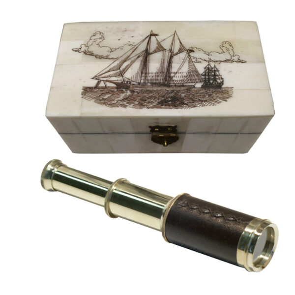 Scrimshaw Boxes Nautical 3″ Polished Brass Leather-Wrapped Antique Pocket 5X Telescope Reproduction and Engraved 4-3/4″ Schooner Ship Scrimshaw Bone Telescope Box