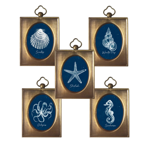 Nautical Nautical Set of 5 Miniature Nautical Beach Prints in Antiqued Brass Frames- Antique Vintage Style