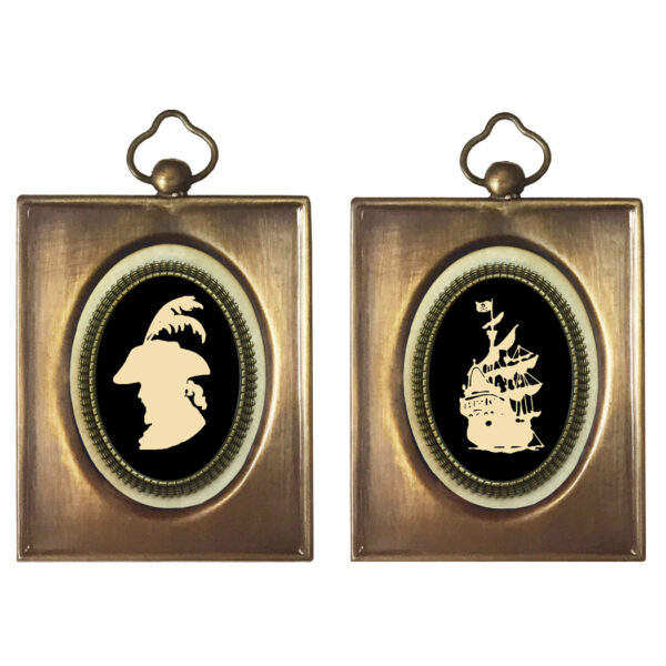 Nautical Pirate Set of Pirate-Themed Silhouettes in Miniature Antiqued Brass Frames- Antique Vintage Style