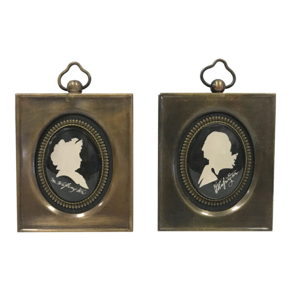 Portrait Revolutionary/Civil War Set of Miniature George and Martha Washington Silhouettes in Antiqued Brass Frames – 2-5/8″ X 3″