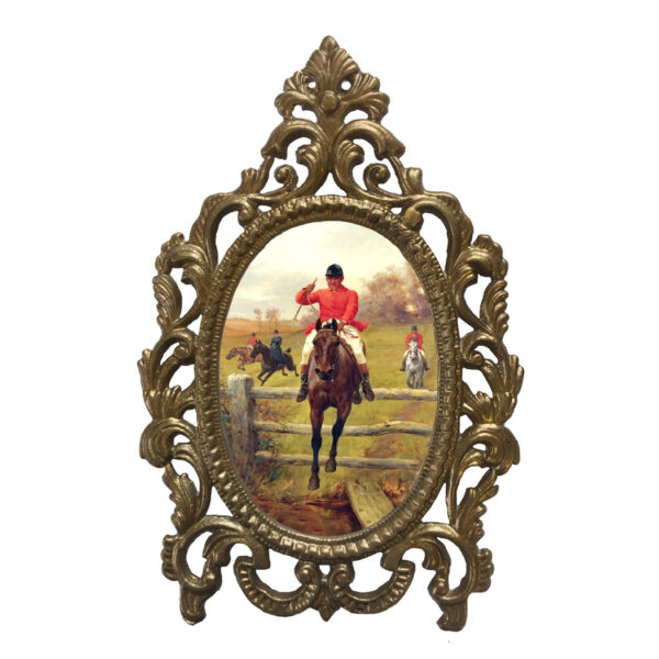 Home Decor Equestrian 7-1/2″ X 5″ Over the Fence in Metal Alloy (Brass Painted Finish) Victorian Tabletop Frame – Antique Vintage Style
