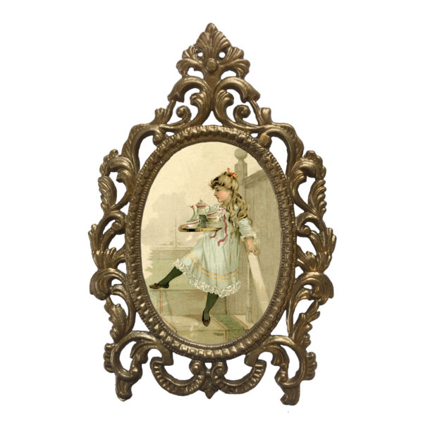 Home Decor Framed Art 7-1/2″ X 5″ Girl with Tea Set in Metal Alloy (Brass Painted Finish) Victorian Tabletop Frame – Antique Vintage Style