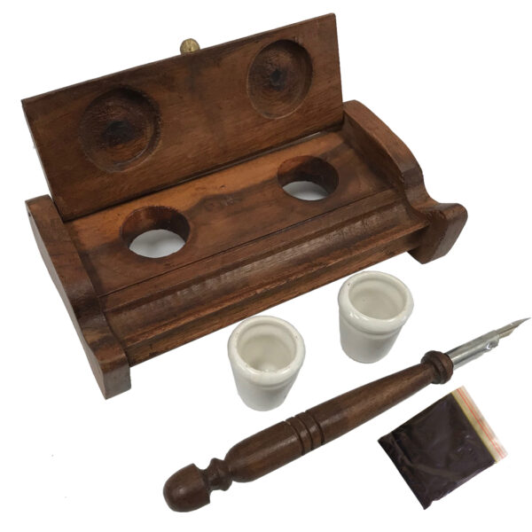Inkwells Writing 7″ Wood Inkwell Stand with Two Clay Inkwells, Wood Nib Pen and Ink Powder- Colonial Reproduction Antique Vintage Style