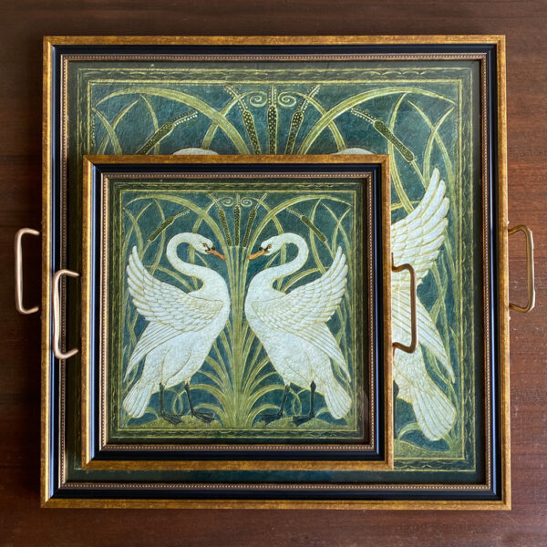 Marine Life/Birds Botanical/Zoological Two White Swans Decorative Tray with Brass Handles