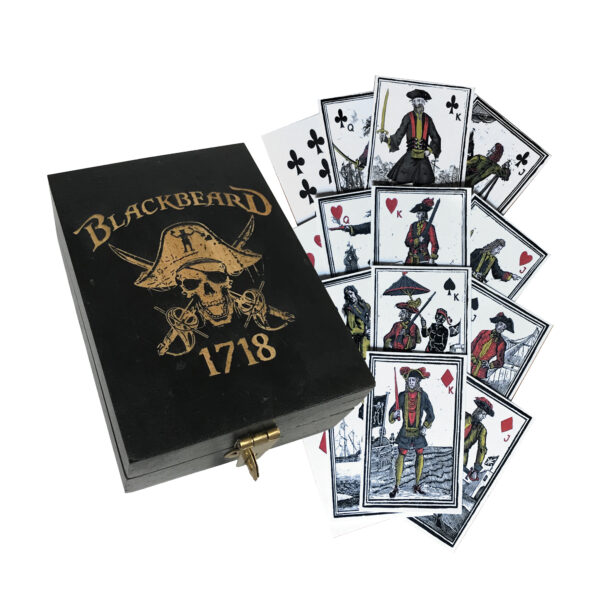 Games Pirate Engraved Pirate Blackbeard 1718 Black Wood Box with Pirate Playing Cards- Antique Vintage Style