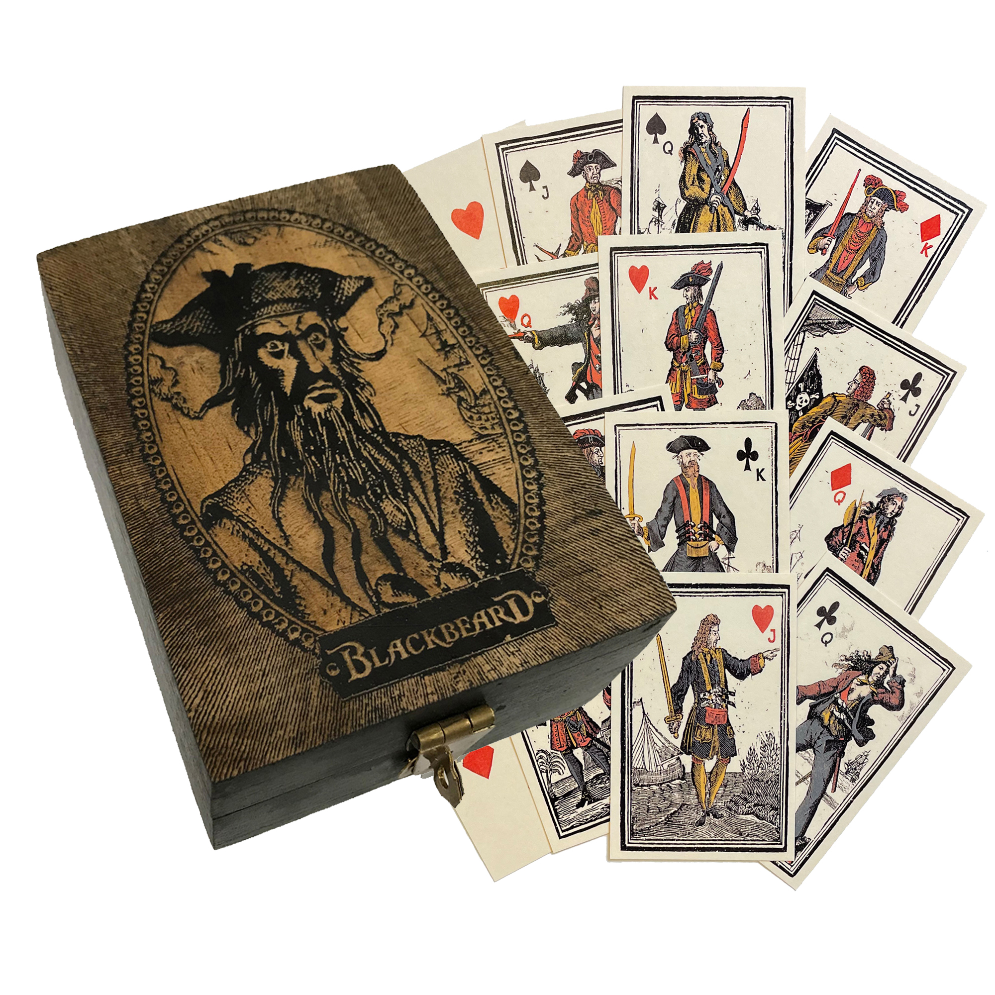 Engraved Blackbeard Edward Teach Portrait Wood Box with Pirate Themed Playing Cards Antique Vintage Style