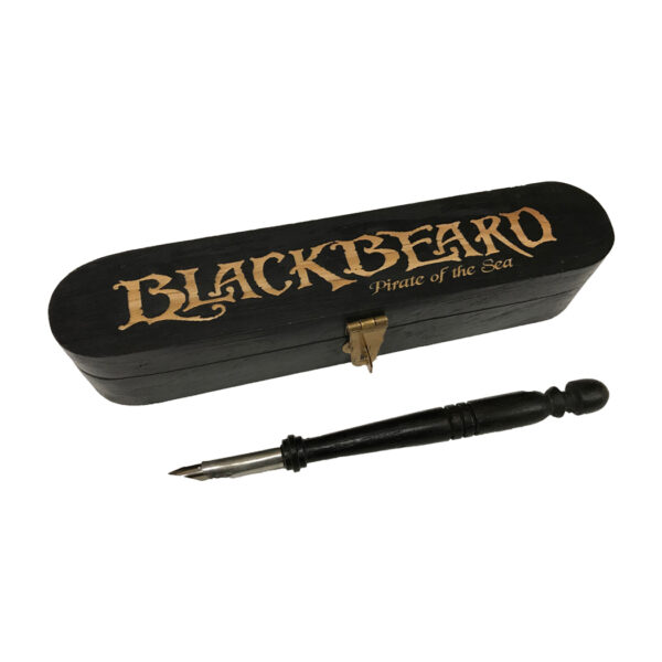 Writing Boxes Pirate Engraved Blackbeard Pirate of the Sea Antiqued Vintage Solid Mango Reproduction Pen Box with Black Wood Nib Pen