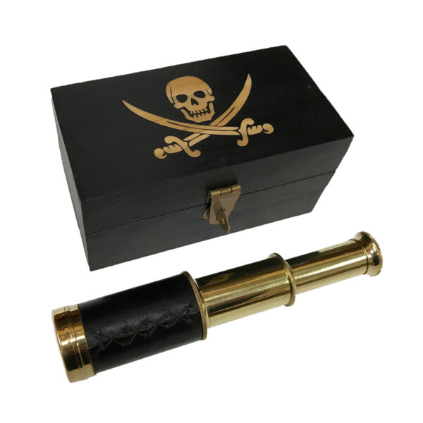 Trunks Pirate Engraved Pirate Captain Jack Rackham Flag Antiqued Vintage Solid Mango Wood Box Reproduction with Brass Telescope