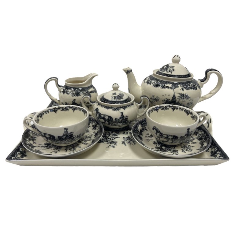 16 Virginia Black And White Transferware Porcelain Tea Set With Tray