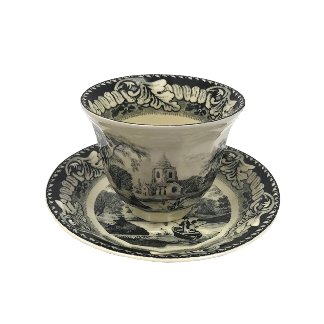 3-1/2 Pond Fishing Transferware Porcelain Handleless Tea Cup and Saucer-  Antique Reproduction
